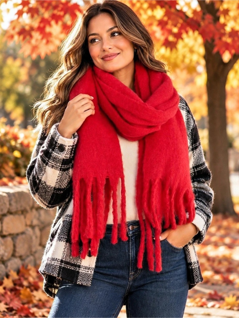 Oversized Red Fringe Scarf